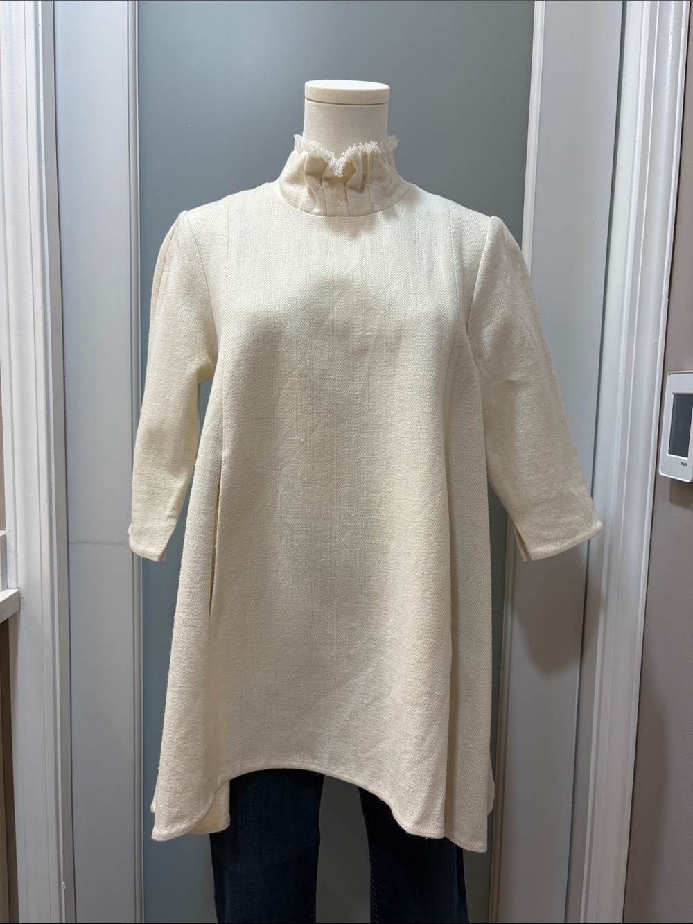 100% Wool Cream Ruffle-Trim Mock Neck Tunic Top